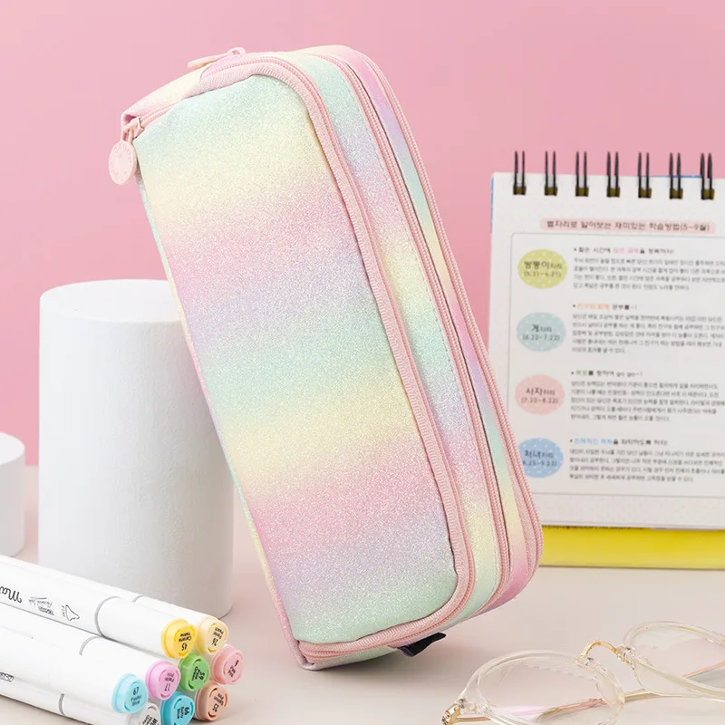 Dream Lovely Rainbow Color Pencil Case Pen Bag Double Side Open / Extensible Fold Storage Pouch Pens Holder Stationery A6445