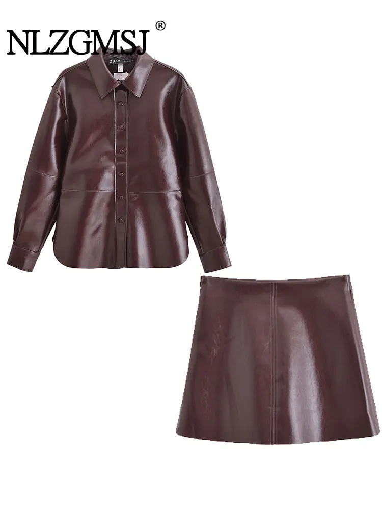 TRAF 2024 Autumn Winter Vintage Faux Leather Women Suit Long Sleeve Turn-down Collar Jackets Straight Mini Skirt Fashion Suit