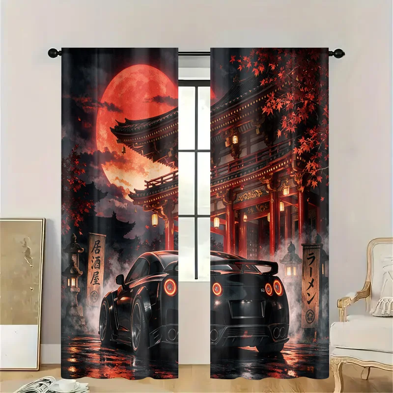 Asian Japanese Sakura Pagoda Street Car Sunset Scene Curtains Waterproof Home Shower Kitchen Decor Accent Rod Curtain Aesthetic