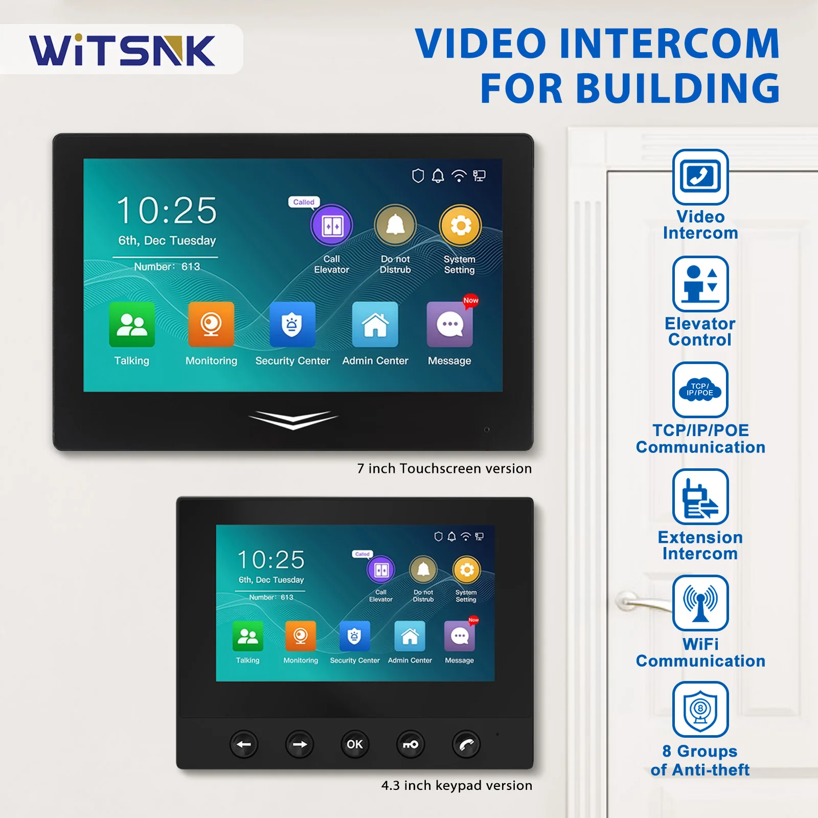 Smart 4.3"/7 Inch Touch Screen Video Intercom Indoor Unit, POE & WiFi, WEB Management, Alarm Input Output, Easy Installation