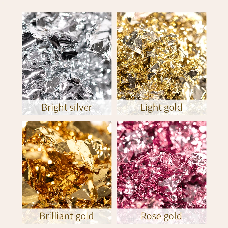 

QNL Nail Foil Flakes 4 Colors Metallic Gold Silver Aluminum Foil Paper Shimmer Nail Art Decoration for DIY Manicure Accessories