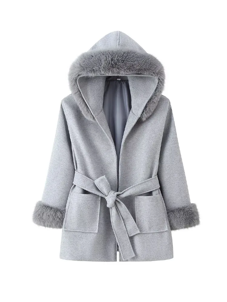 

HH Female New Fashion Casual Loose Short Jackets Fur Collar Long Sleeves Pockets Lace Up Decoration Women Winter Gray Coats