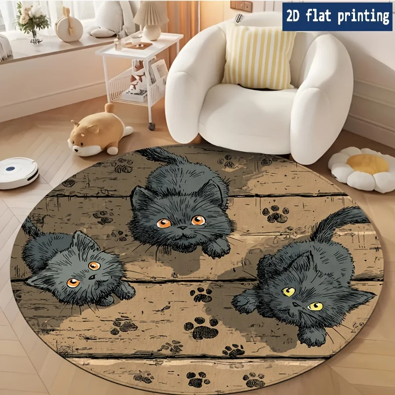 Vintage Rustic Round Mat Black Cats Wood Grain Area Carpet Cute Fluffy Kitten Paw Prints Living Room Armchair Floor Rug
