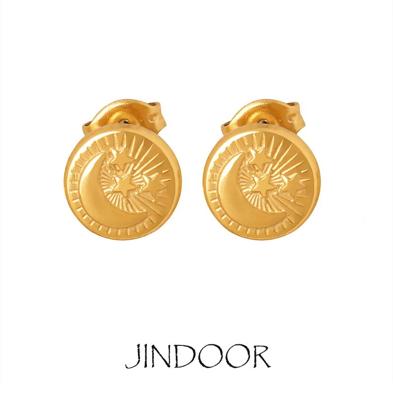 JINDOOR Titanium Steel 18K Gold Plated Stamped Stud Earrings for Women Moon Stars Everyday Elegance Statement Studs