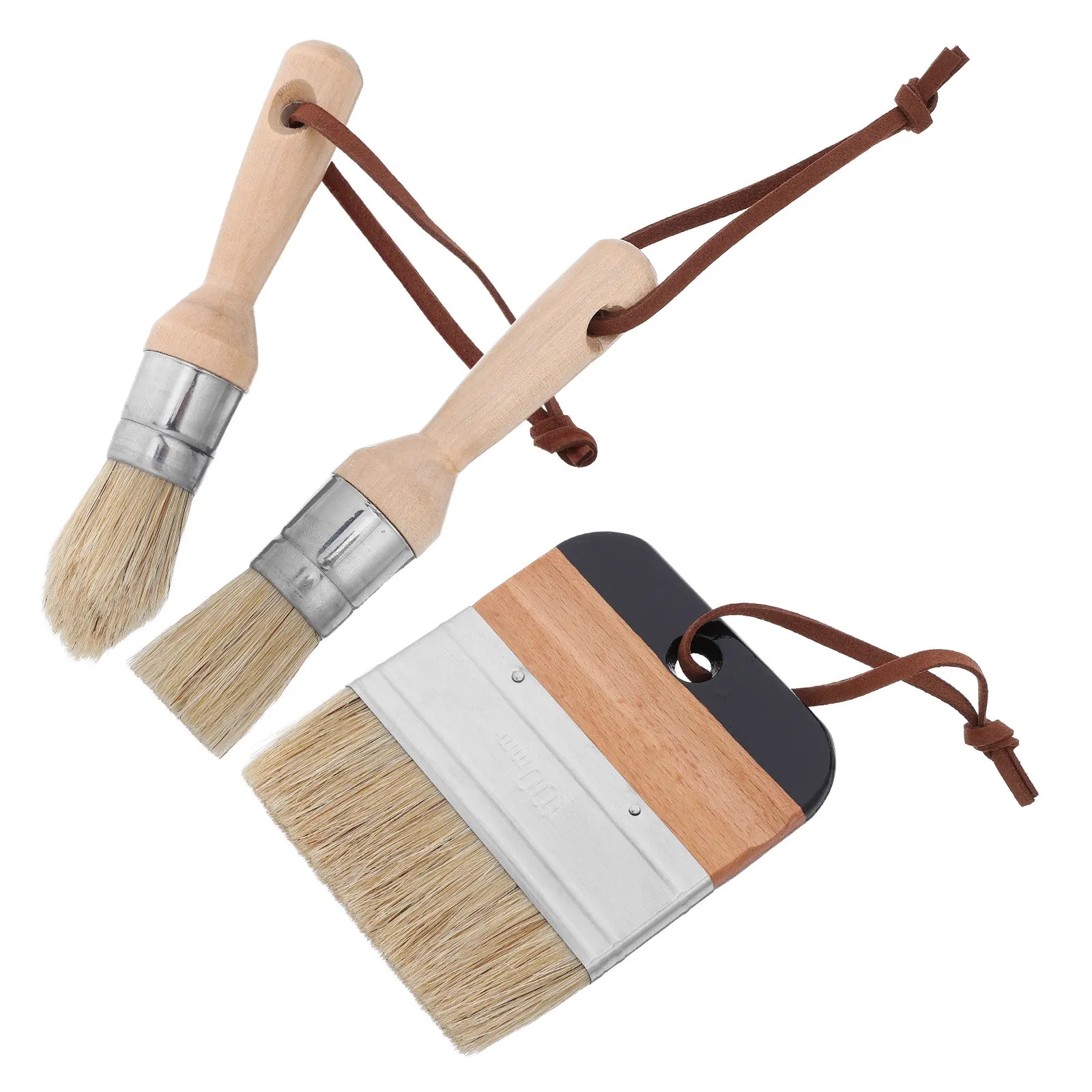3Pcs Natural Boar Bristle Stencil Brushes Solid Beech Handle Non Slip Grip Furniture Refinishing Wood Stain Paint Trim Detailing