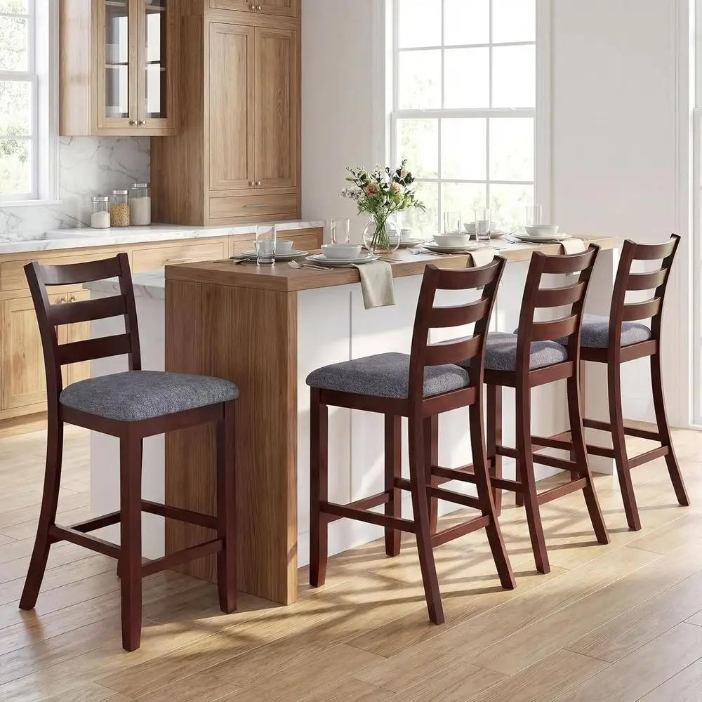 

Set of 4 26 Upholstered Counter Height Bar Stools with Rubberwood Frame, Padded Cushions, Footrests, Suitable for Kitchen or Bis