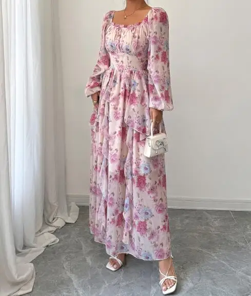 

Elegant Style Long Sleeved Printed Long Skirt Dress for Women In Spring/summer 2025