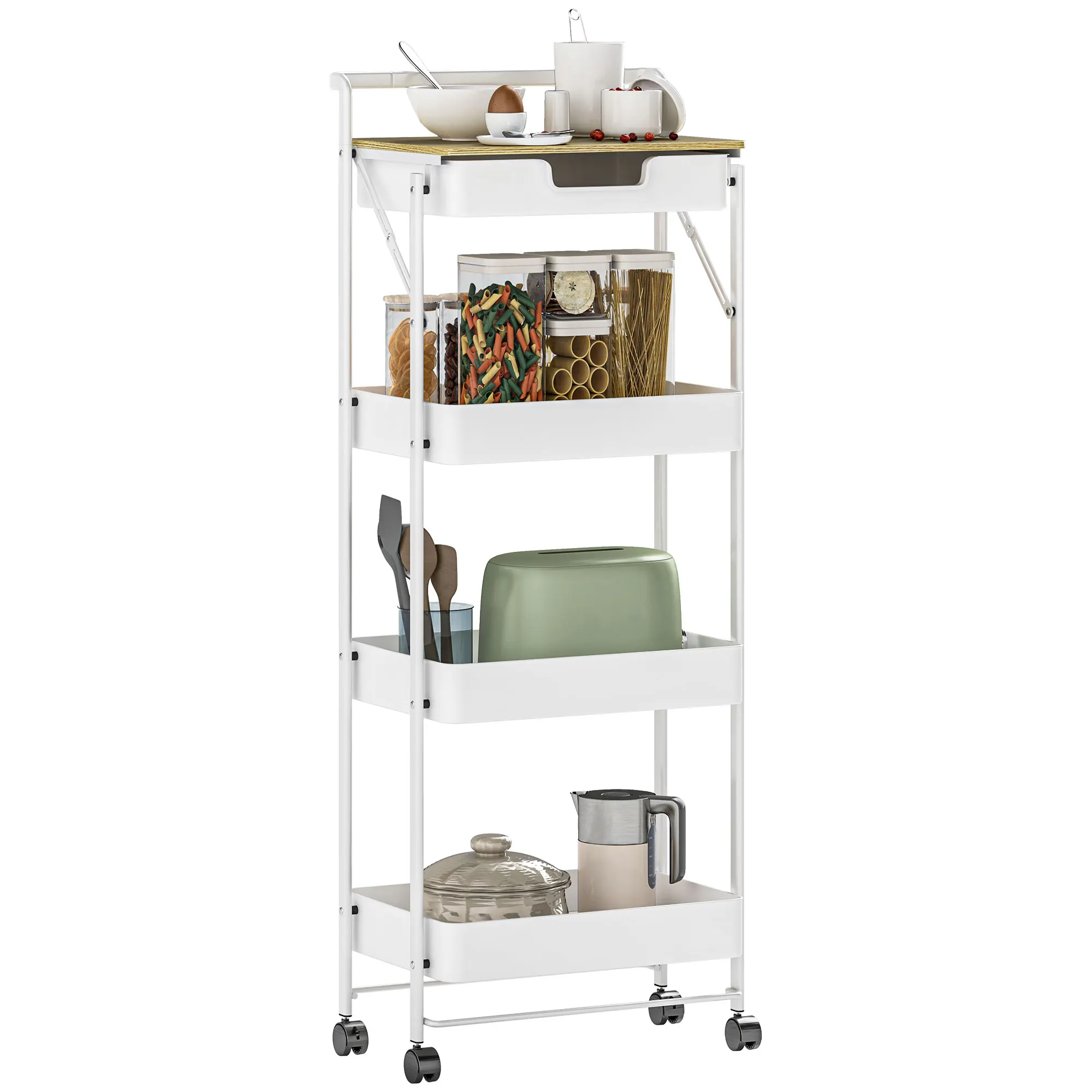 Carrito Auxiliar con Ruedas de 2 Niveles con Cajón Encimera y Cesta de Rejilla para Dormitorio Baño Cocina