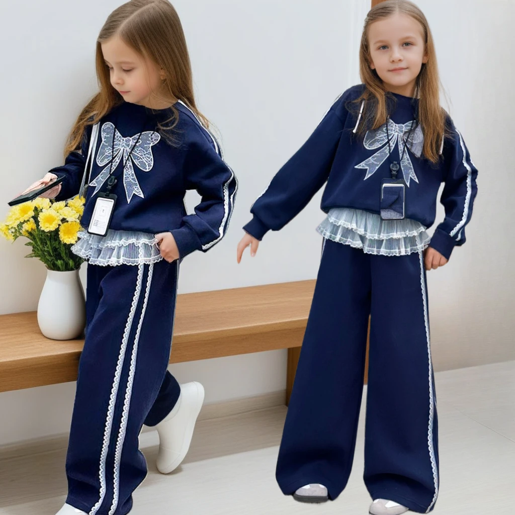 

Girls Clothing Set 2025 Spring Lace Patchwork Sweatshirt Wide Leg Pants 2-piece Teen School Kids Outfits Casual Children Clothes