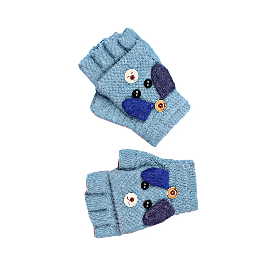1Pair Half Finger Winter Gloves Thick Woolen Warm Cartoon Dog Shape Windproof Gloves Outdoor for Blue
