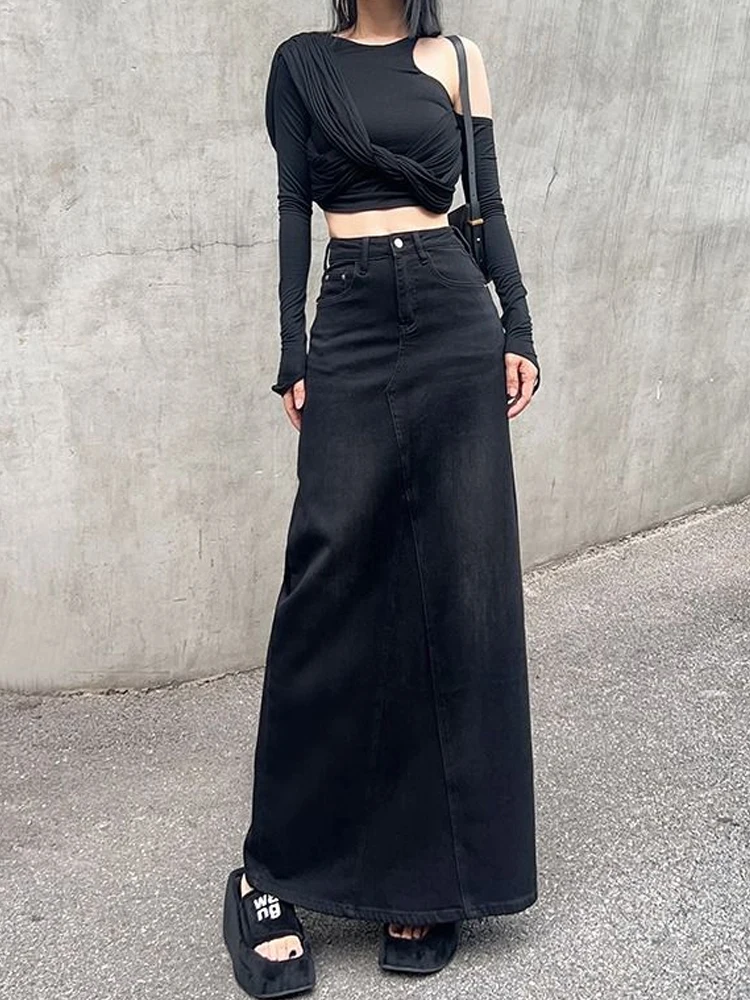 

High Waist A-Line Midi Skirt Bla Denim Split Ba for Women Autumn Winter Vintage Waed Casual Splicing Skirts