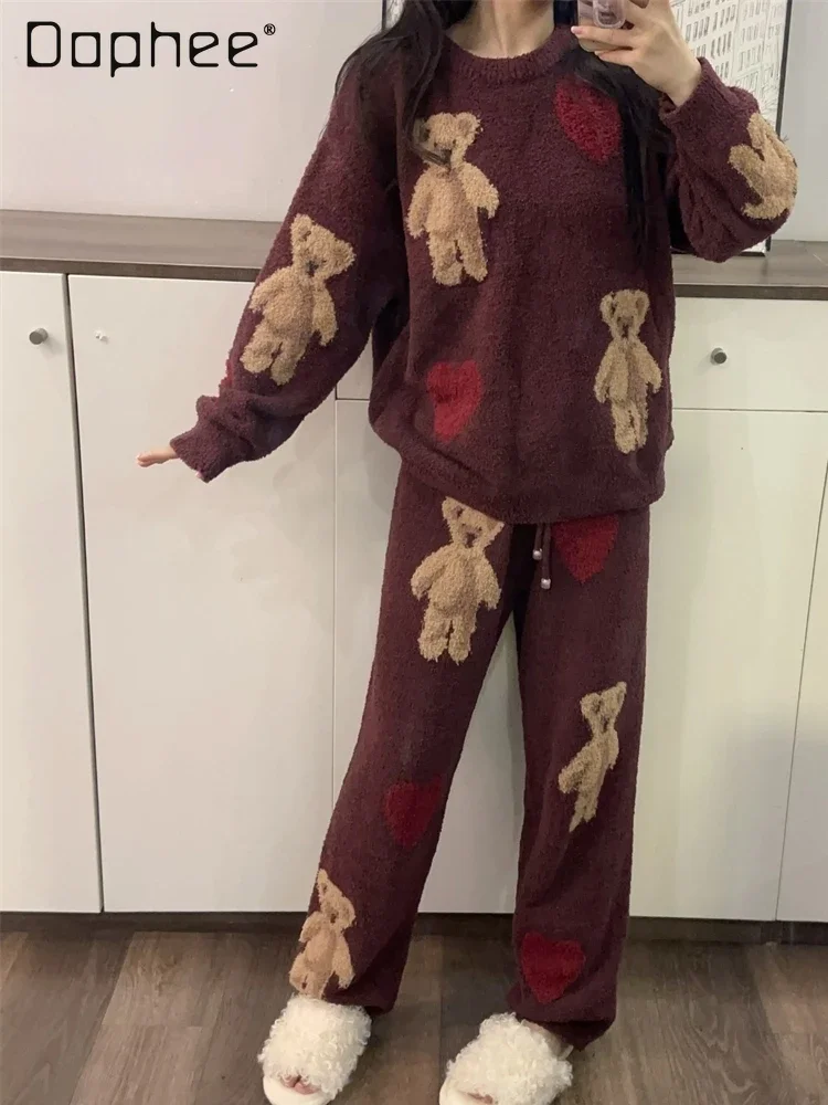 

Cute Bear Coral Fleece Warm Pajama Sets Long Sleeve O Neck Pullover Women Loose Cartoon Sweet Loungewear 2025 New Fashion