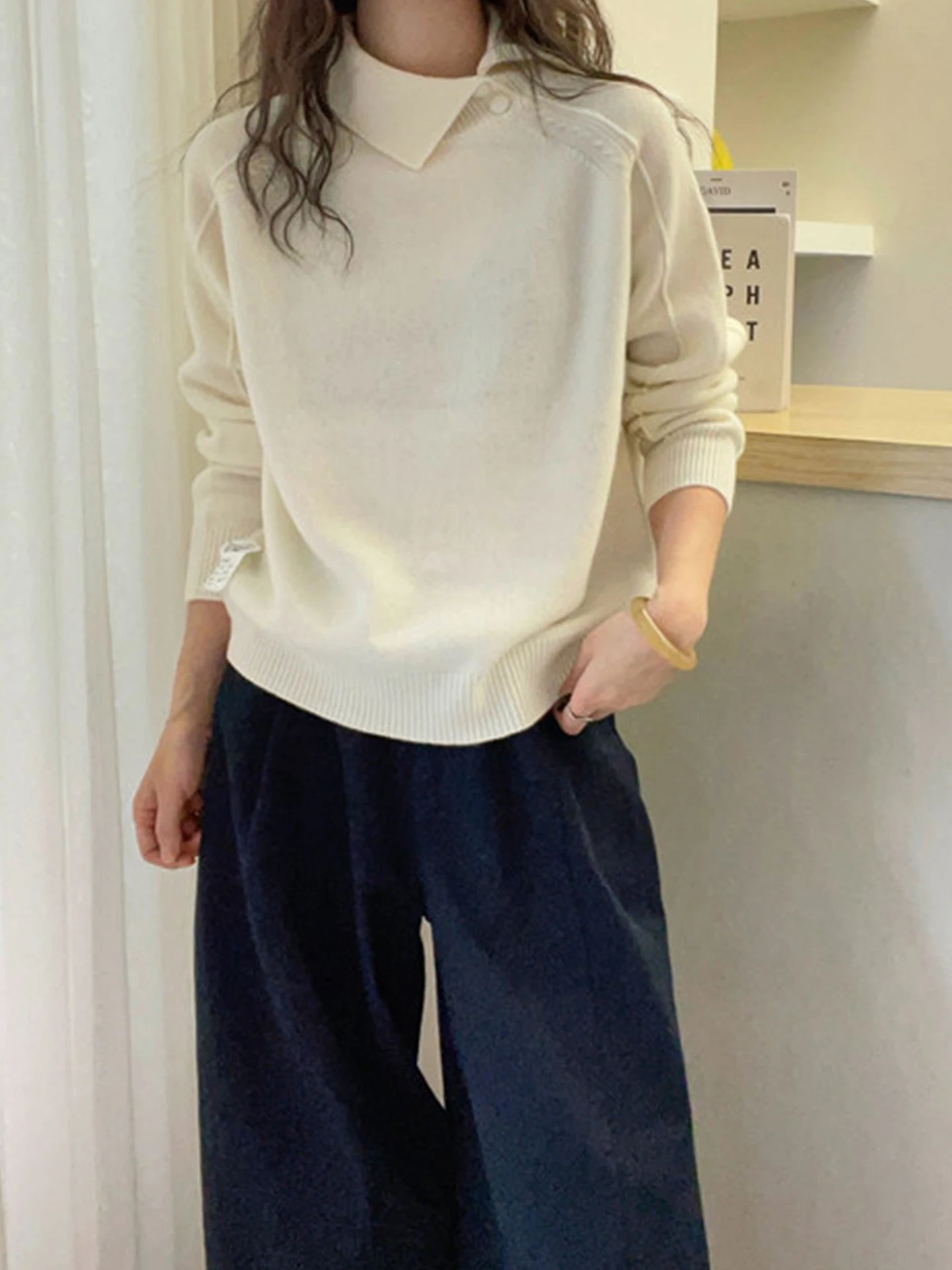 

Вязаный свитер Ele Color Long Sve Faionable Overhead Design Модный топ для поездок на работу Корейская версия Regular Fit