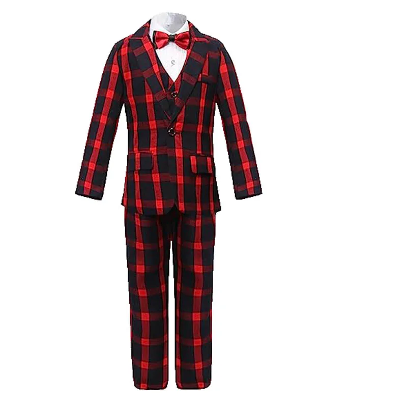 

Boys Red Suit For Wedding Party Kids Speech Host Jacket Vest Pants Bowtie 4PS Tuxedo Dress Children Piano Dance Photography Suit