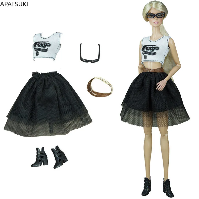 Conjunto de ropa de moda para muñeca Barbie, falda tutú superior, cinturón, sandalias, gafas de sol, accesorios para muñecas, juguetes, color blanco y negro, 1/6