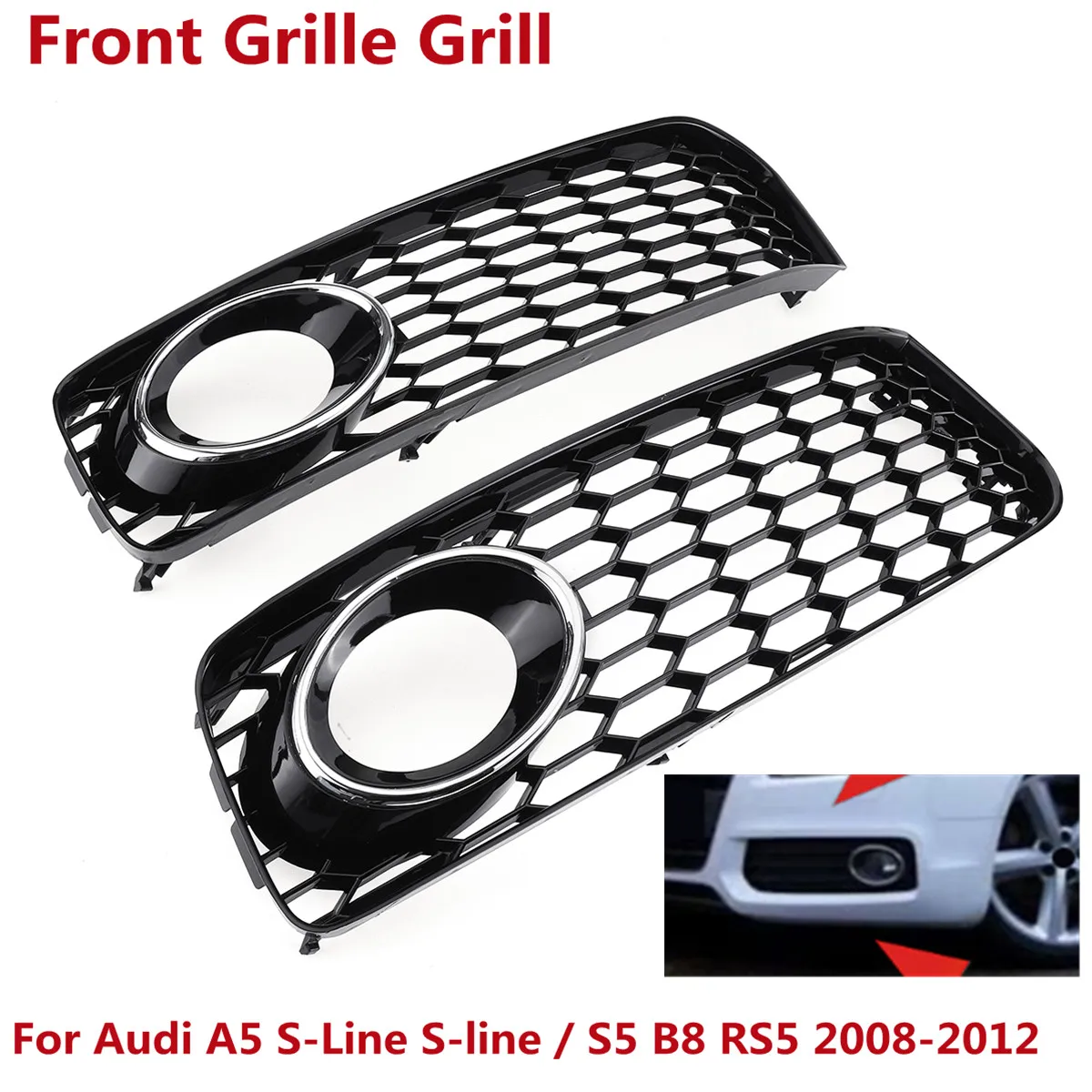 Chrome Silver Car Front Bumper Fog Light Lamp Grille Grill Cover Mesh Honeycomb For Audi A5 S-Line S5 B8 RS5 2008 2009 2010-2012