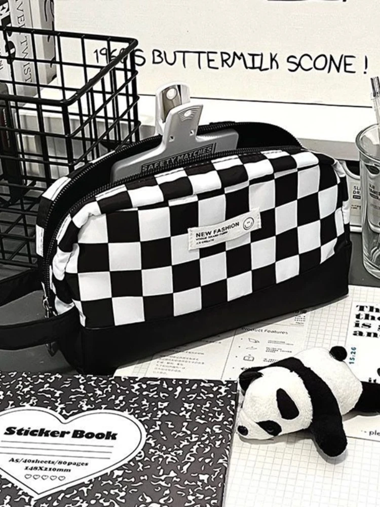 

1 шт. Классическая сумка для ручек в клетку, вместительная сумка для хранения канцелярских принадлежностей для студентов, портативная многофункциональная сумка для хранения канцелярии