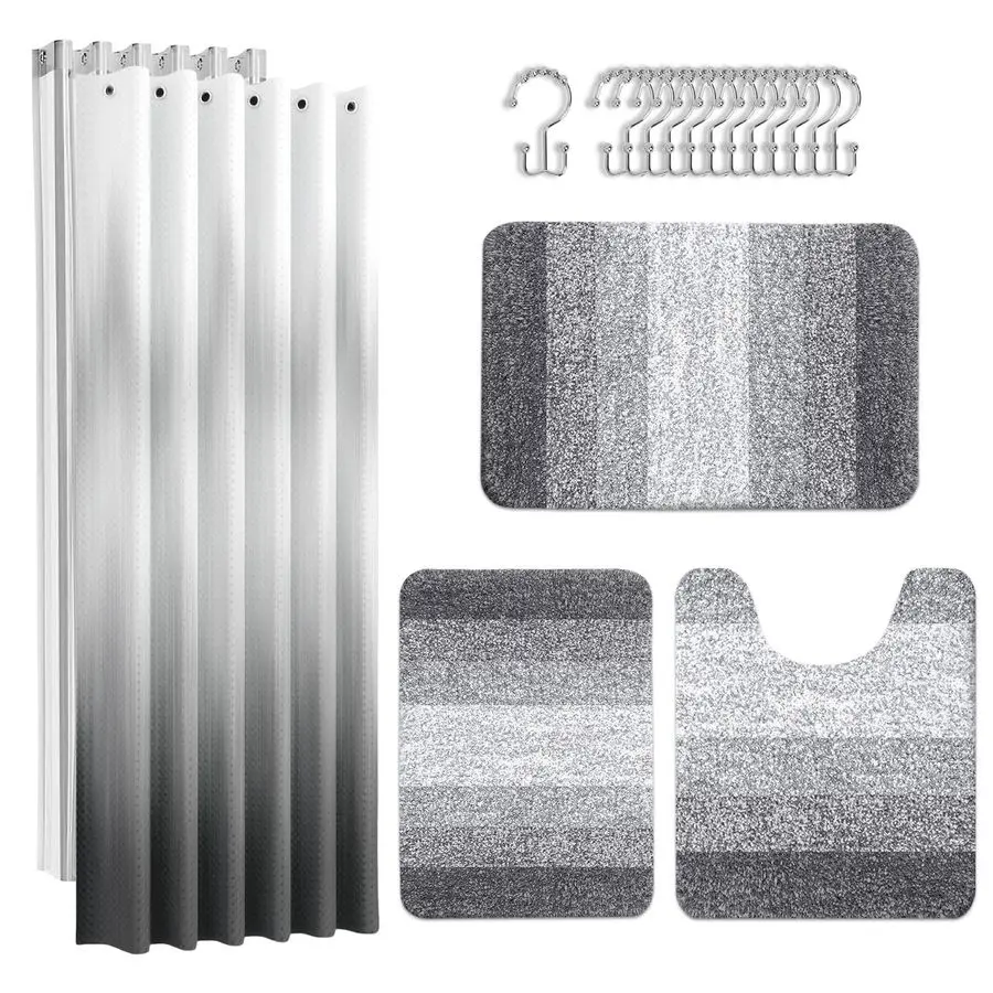 

Grey Stripes Bathroom Sets with Shower Curtain and Rugs, Ombre Modern Abstract Vintage Waterproof Shower Curtain Liner and Soft