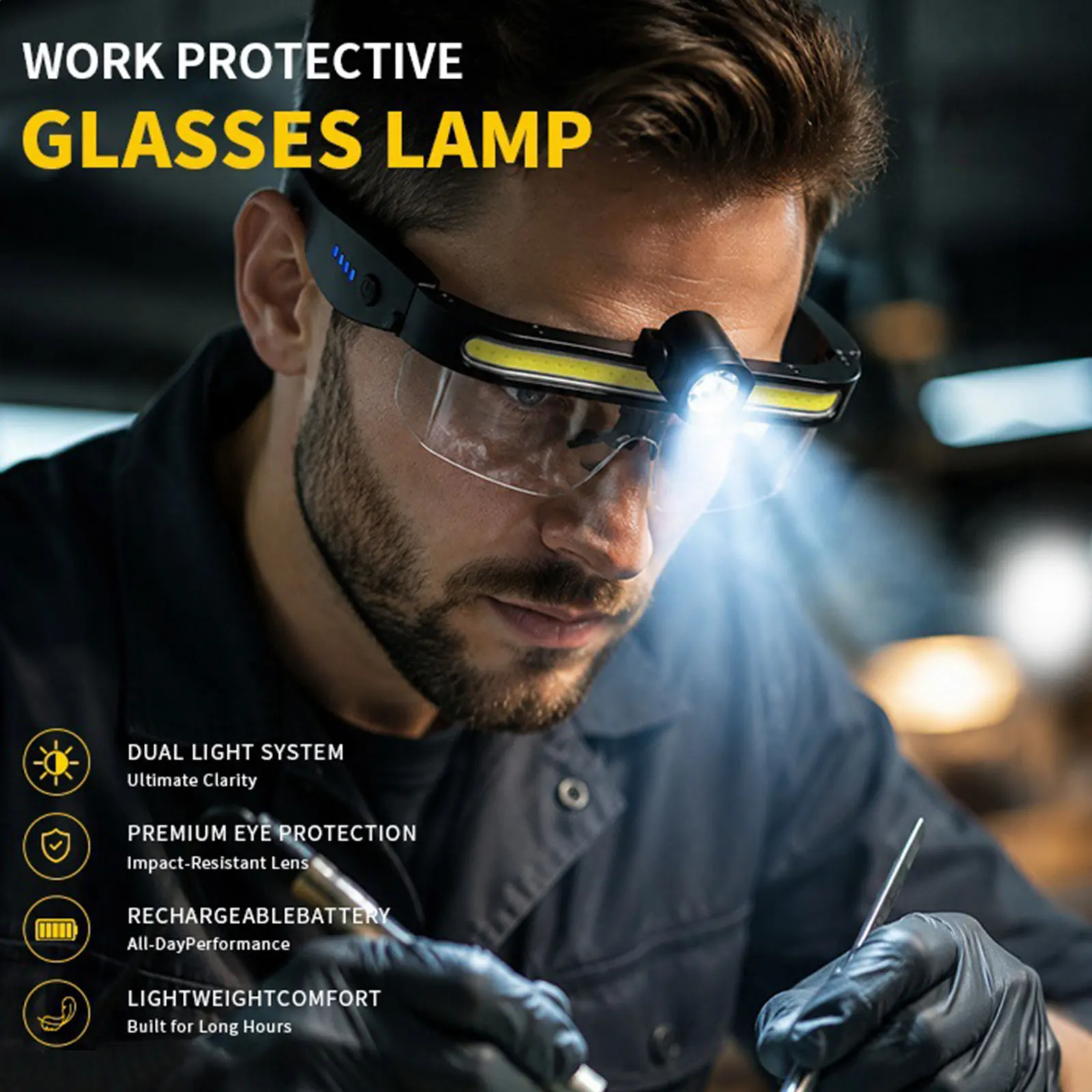 LED Glasses Headlamp Rechargeable COB Flood Light Type-C Fast Charge 5 Modes IPX4 Dual Light Source Outdoor Work