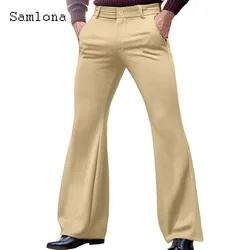 Samlona 2024 Men's Stand Pocket Elegant Flare Pants Solid Khaki Basic Stretch Trouser Plus Size Mens Fashion Buttons Up Pants