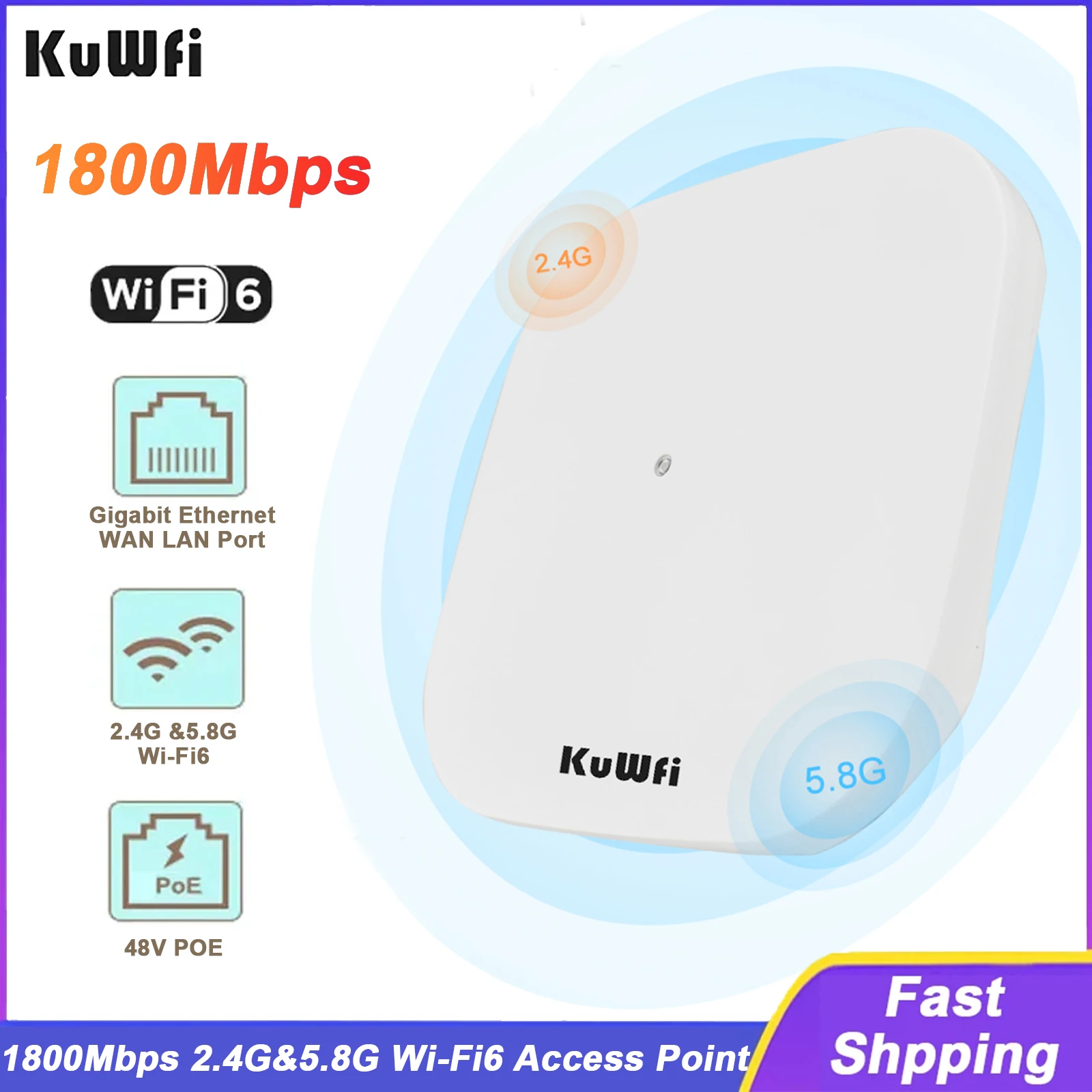 KuWfi 1800Mbps Dual Band Ceiling Wireless AP Router 2.4G 5G Wifi6 Access Point Gigabit WAN LAN Port 48V POE Built-in Antennas