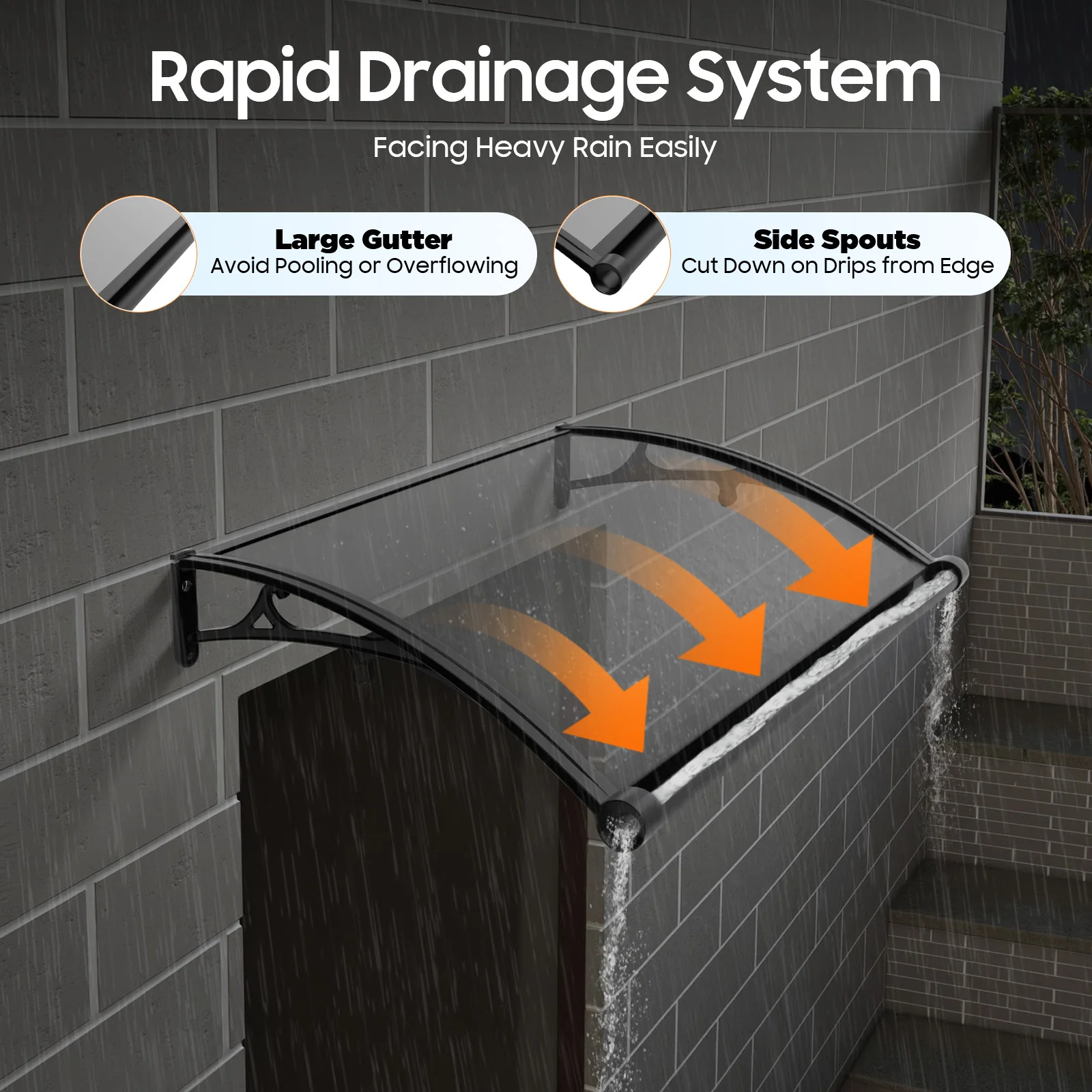 

60*100cm Window Door Overhang Awning Canopy With Drainage UV Protection 110.23lbs Load Wall Mount for Door Window Patio Garage