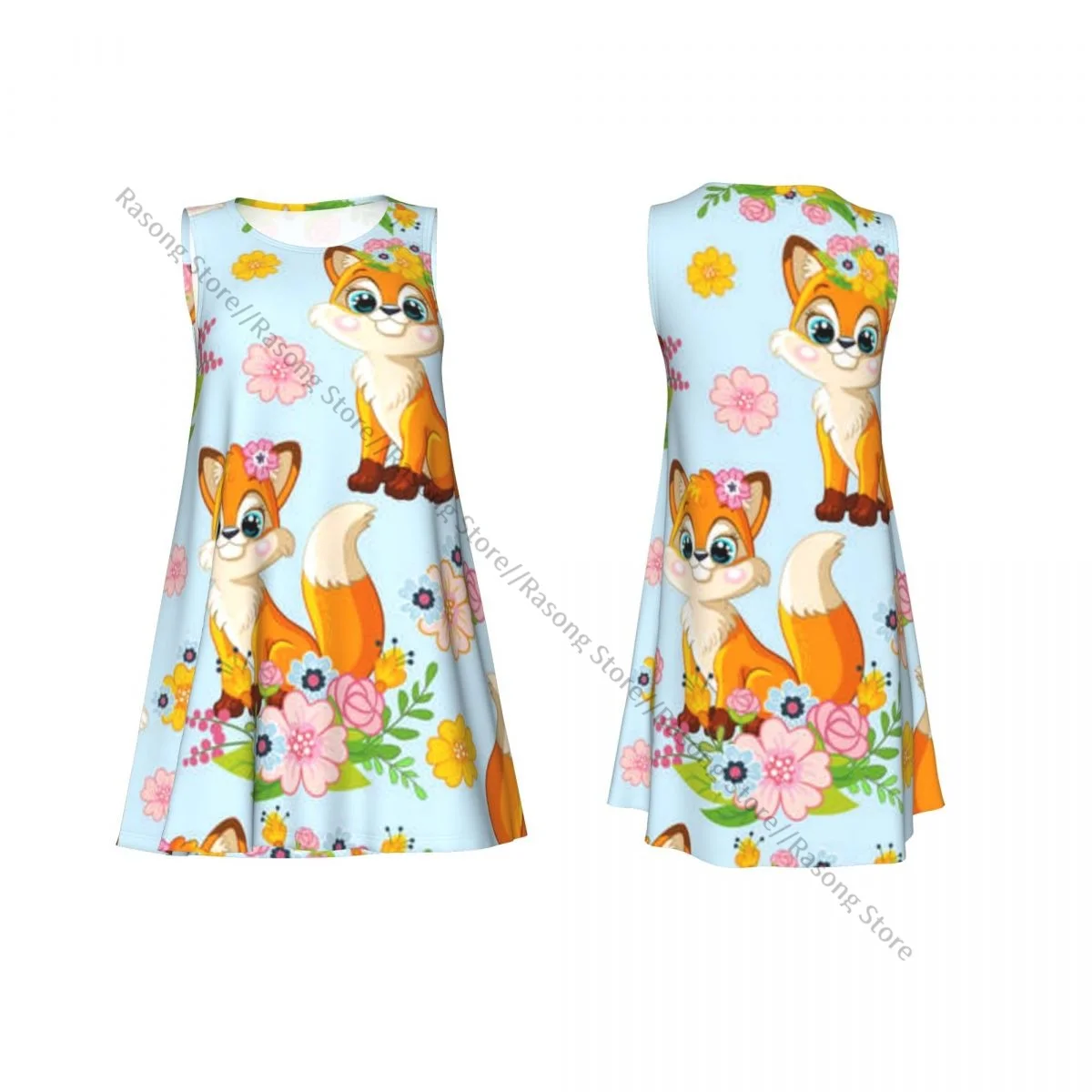 Women's Dress Cute Fox Background Summer Casual T Shirt Beach Cover up Tank Dress