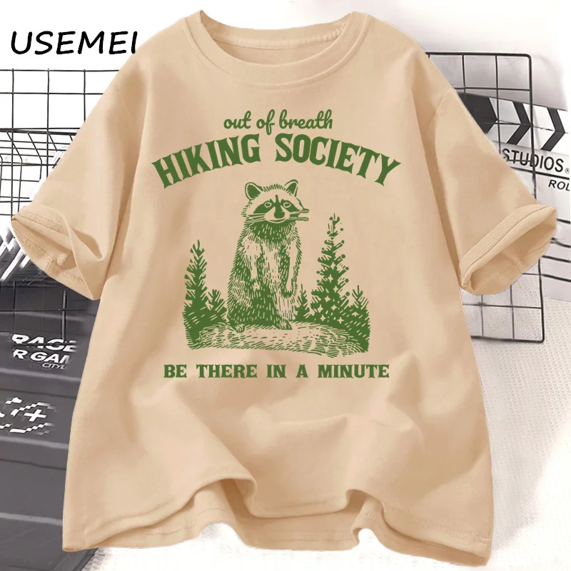 Out of Breath Hiking Society Raccoon Retro T-shirt Women Funny Hiking T Shirt Forest Camper Animal Trash Panda Tshirt Streetwear