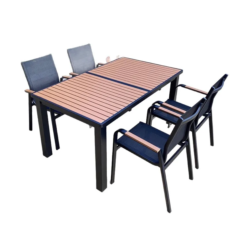 Outdoor stretch wood tables and chairs, courtyard villa garden terrace, leisure furniture, rain and sun protection