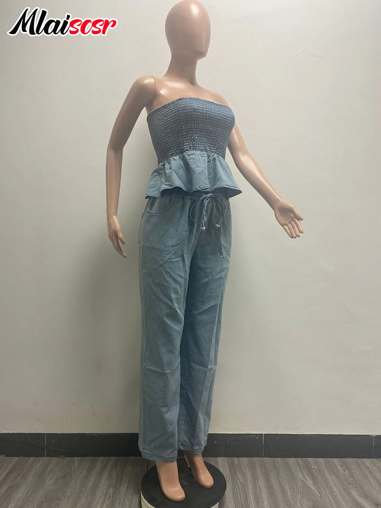 Mlaiscsr Blue Denim Two 2 Pieces Pants Set Women\'s Ruffles Hem Elastic Strapless Crop Tops and Wide Leg Jeans Birthday Outfits