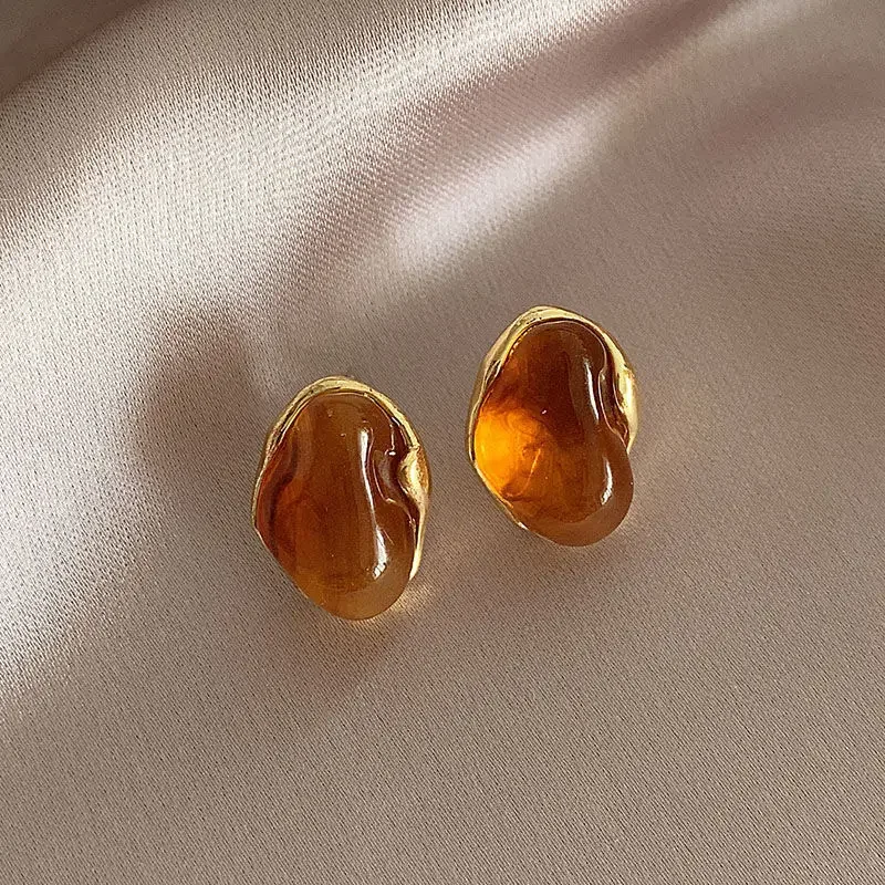 Maillard French Amber Color Irregular Geometric Stones Stud Earrings for Women Simple Unique Girl Jewelry Christmas Gift