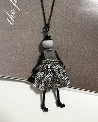 HOCOLE Fashion Black Hat Girl Doll Necklaces Crystal Wing Sequins Stripe Dress Alloy Pendant Necklace Women Accessories Jewelry