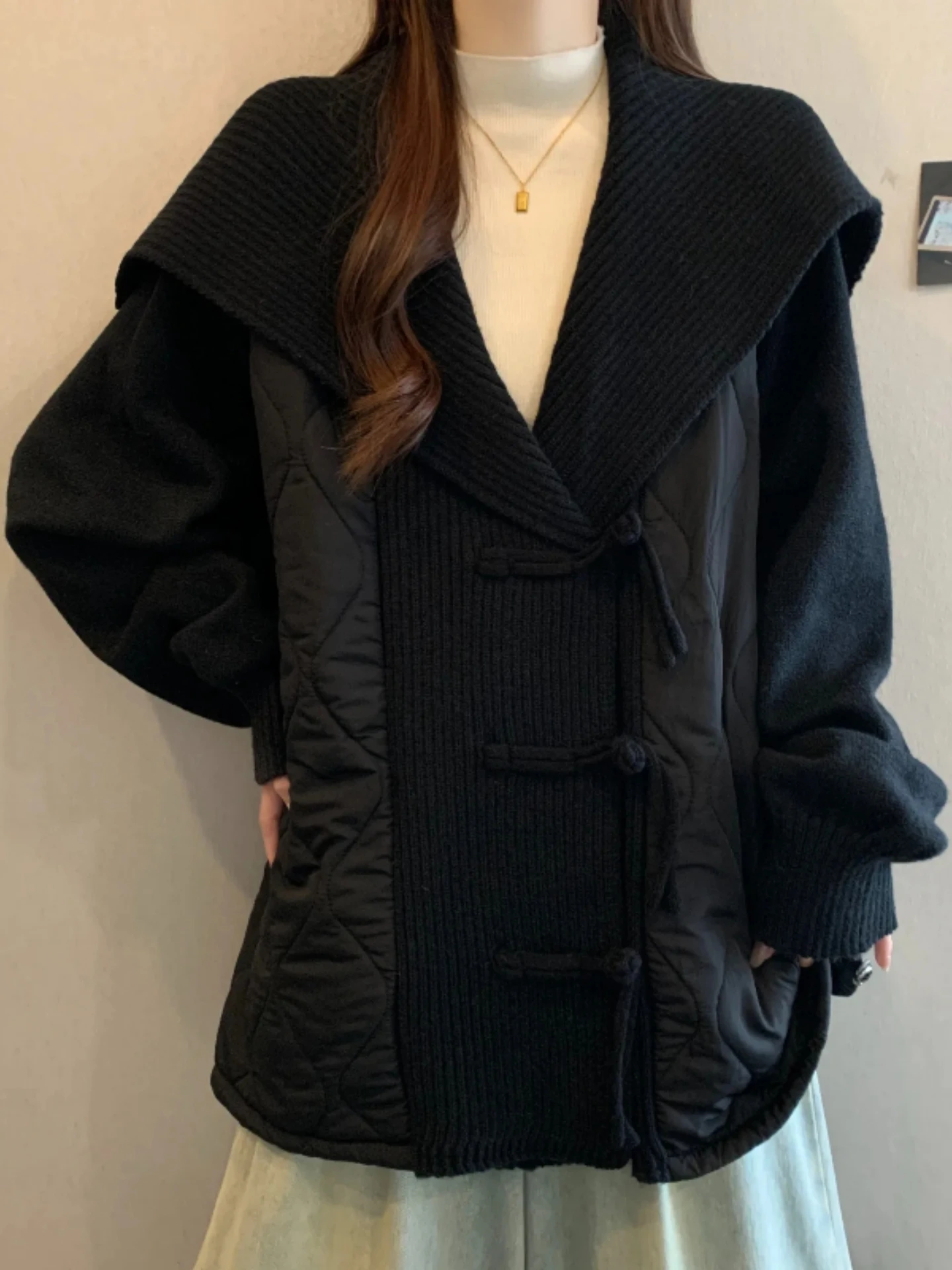 Loose Knitted Sweater with Collar Splicing Design for Women Winter New Style plus Size Comfortable Lazy Style Top Cotton Filling