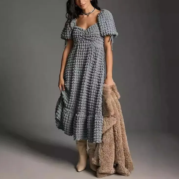 Elegant Long Summer Dresses For Women Short Sleeve V Neck Backless Bubble Textured Maxi Dress Boho Wedding Prom Party Sundress