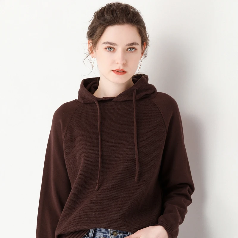Women‘s Hooded Clothing Spring And Autumn Long Sleeved Fashion Casual Versatile Tops Knitted Pure Cotton Hooded Collar Pullover
