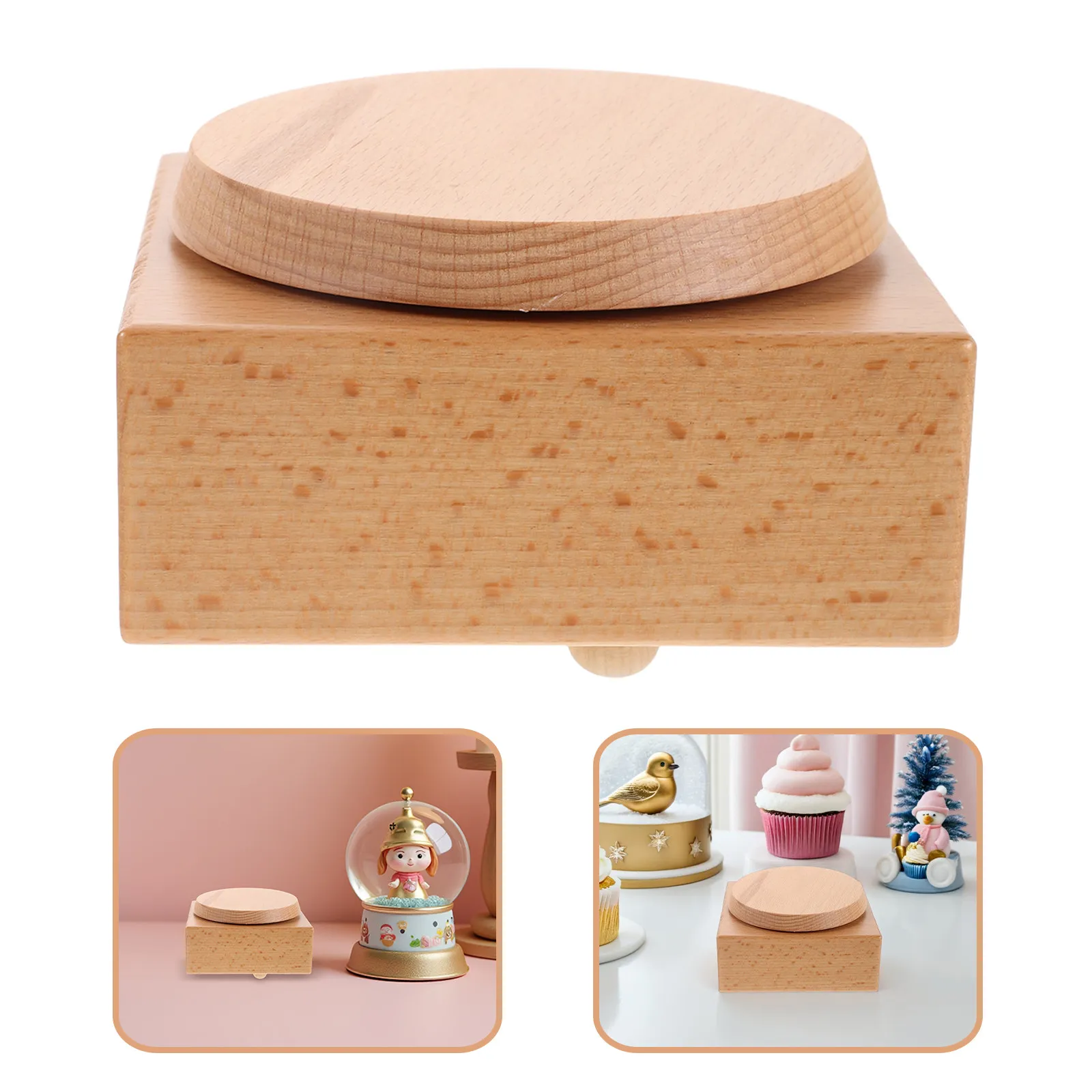 Wooden Music Box Base Square Rotatable Platform DIY Wind-Up Mechanism 4.32x4.24x2.24in Craft Display Stand for Handmade Music