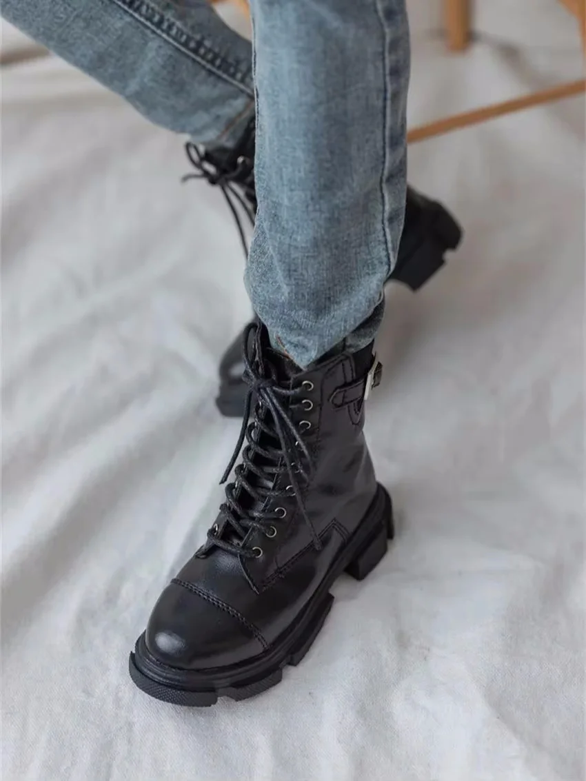 BJD Doll Shoe Boys Girls Handsome Cool Daily Black ID75 Round Toe Lace-up Thick-soled V-Buckle Ankle Boots Gift Doll Accessories
