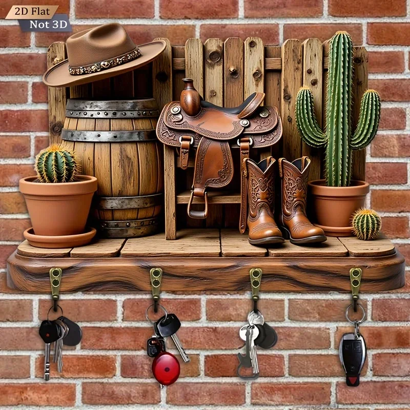 2D Flat. 1pc. Western Cowboy Style Key Hook - Wooden Multifunctional Decorative Key Rack, with Four Metal Hooks, Wall