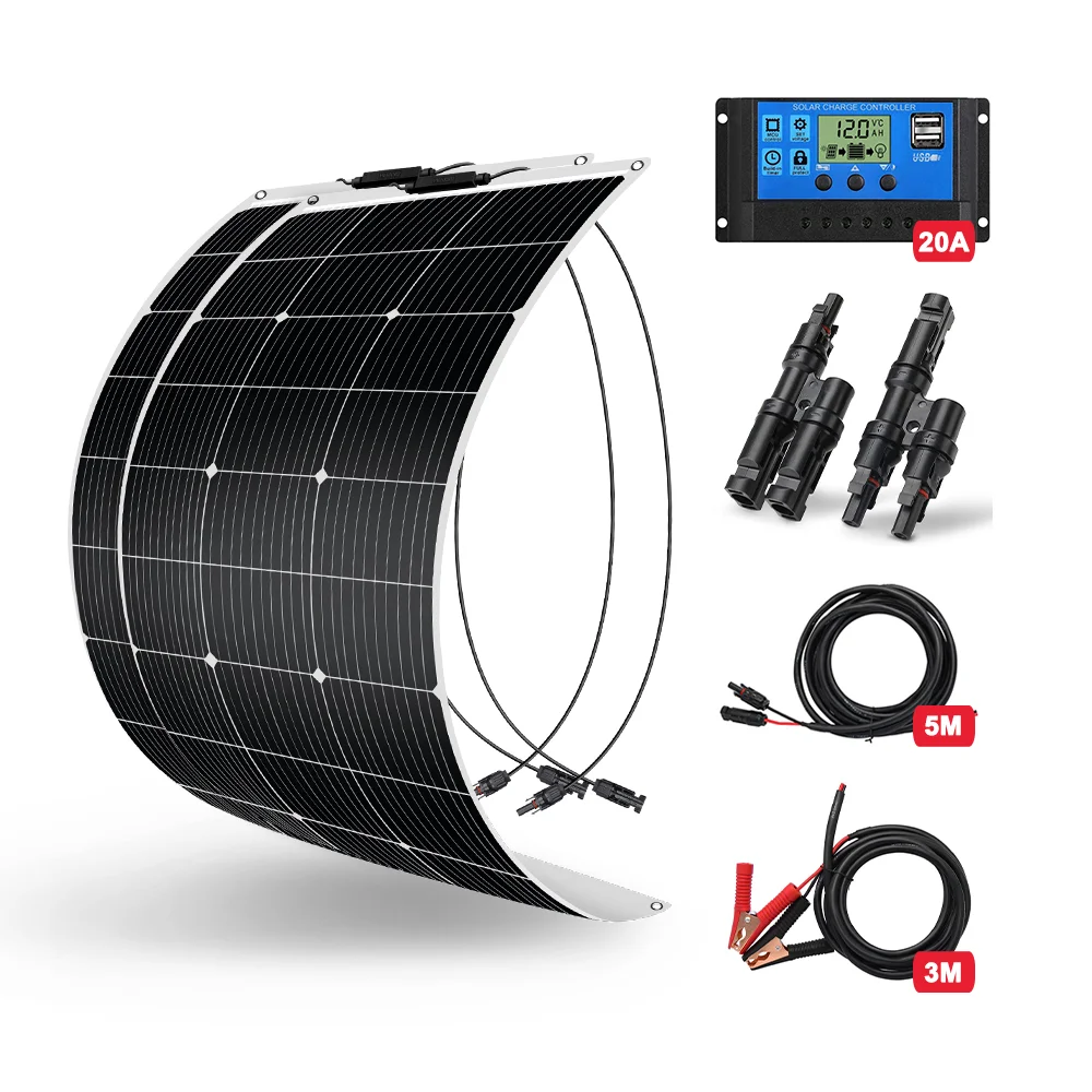DOKIO 100W Flexibles Monokristallines Solarmodul-Set 18V / 8m Kabel | Wasserdichtes 12V Batterieladegerät für Auto, Haus, Wohnmobil
