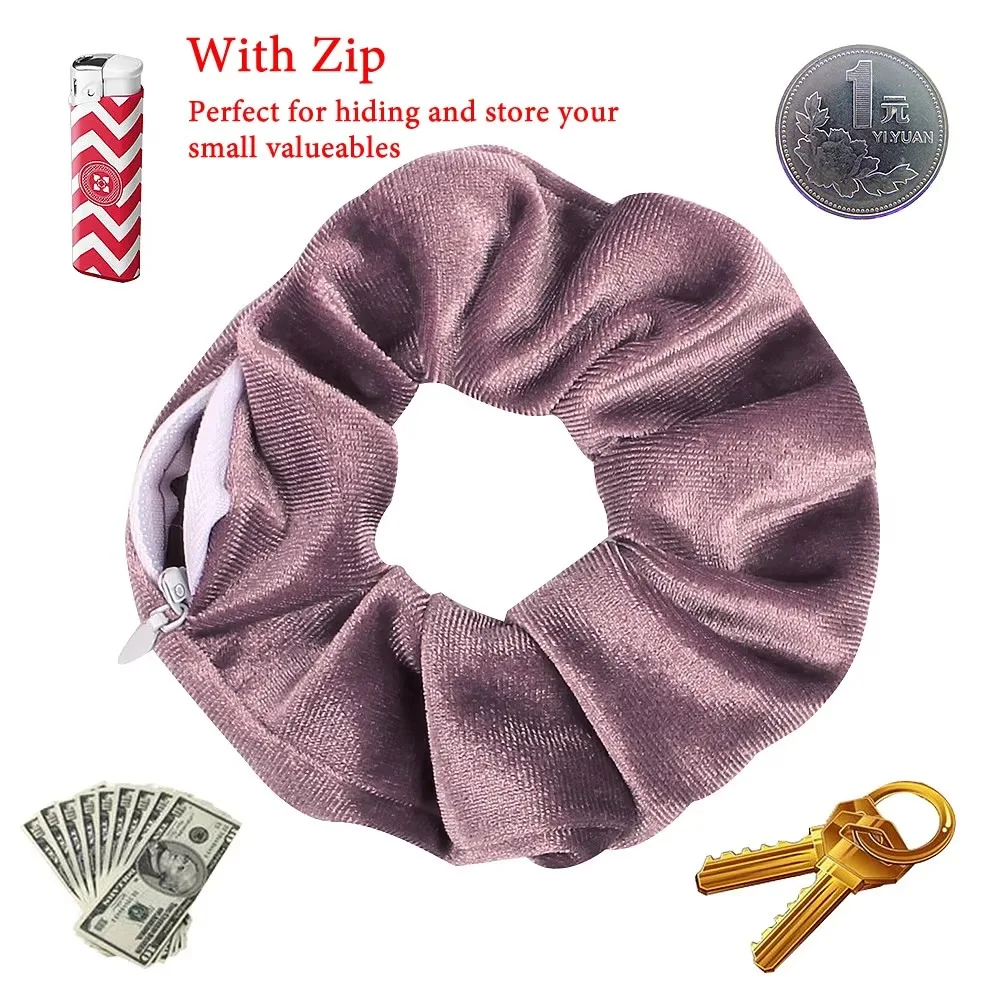 Portable Hidden Hair Tie With Zipper Velvet Hair Rope Hide Key Cash Hidden Safe Sight Storage Case