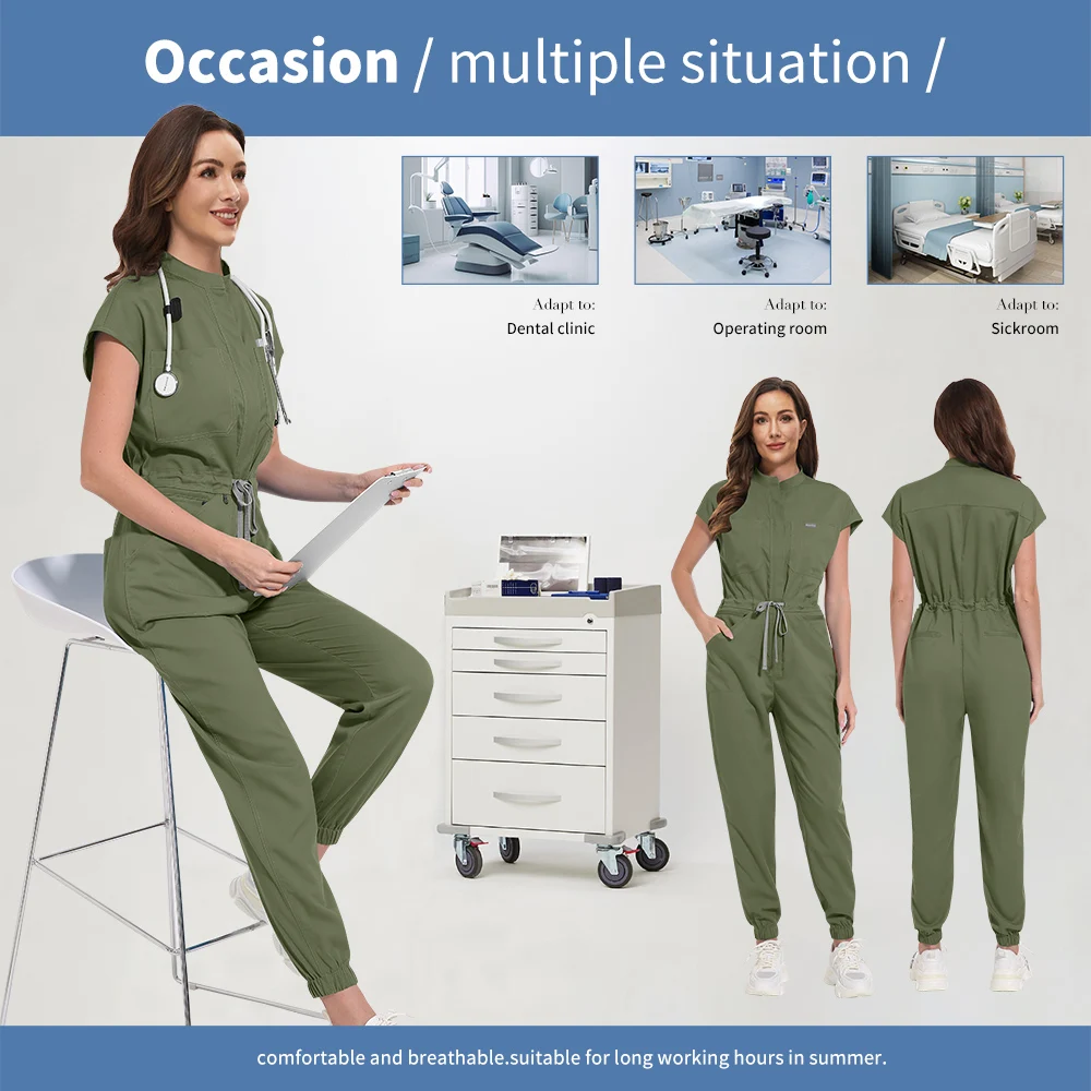 Niaahinn Zipper Neck Lab Jumpsuit Pet Grooming Nurse Uniform Onesie Short Sleeved Scrubs Workwear Health Service Nursing Clothes