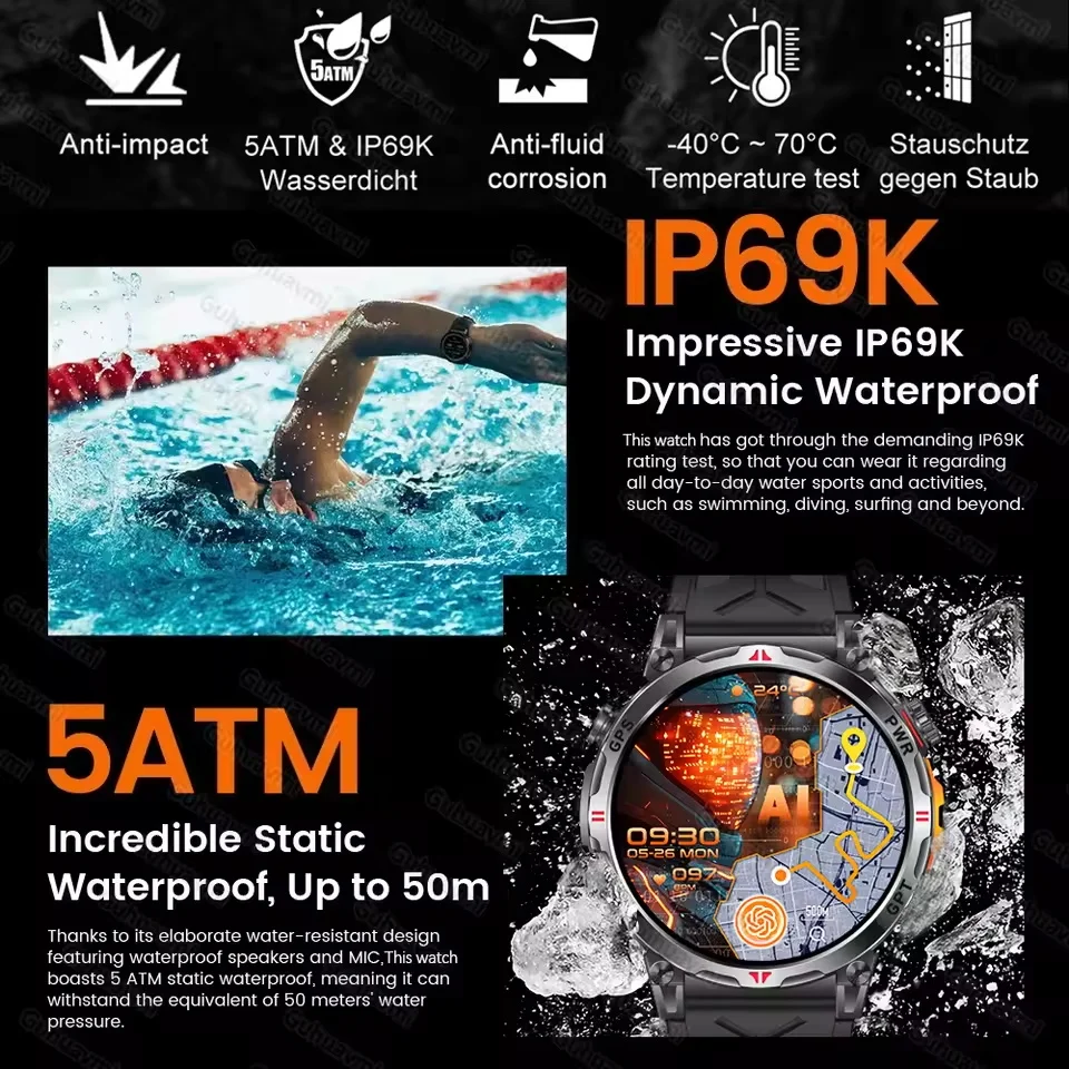 2026 جديد عسكري T-Rex 3 Ultra GPS SmartWatch 650mAh بطارية 5ATM مقاوم للماء بوصلة دعوة رياضية Trackr GHATGPT ساعة ذكية للرجال