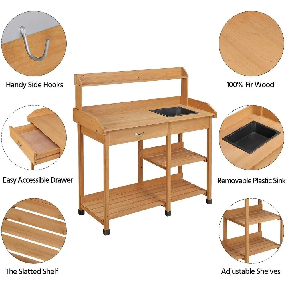 Oppotbanken Buiten Tuin Oppottafel Werkbank met Afneembare Gootsteen Lade Rek Planken Werkstation 45.2x17.7x47.6''