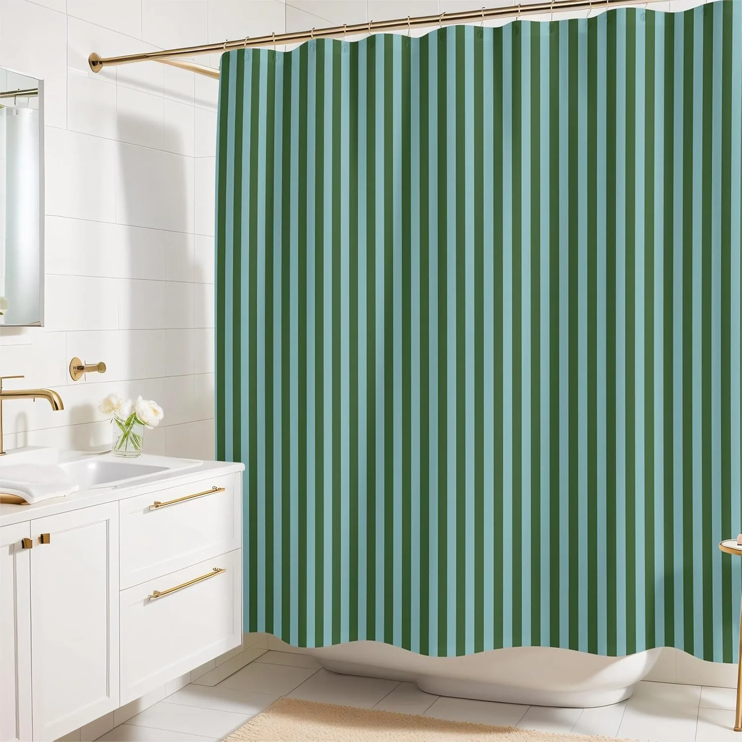 

Striped Shower Curtain 72x72 Inches, Green Teal Fabric Bathroom Decor with Rustproof Grommets