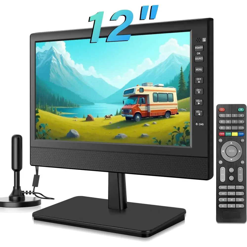 12 Portable LED TV with Digital Tuner, HDMI, USB, Audio Jack, AC/DC 12V, Ideal for Kitchen, Caravan, and Monitoring