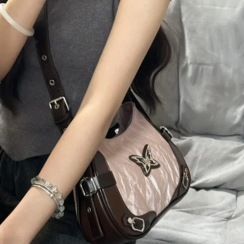 Xiuya Y2k Damen Umhängetasche American Vintage Stil Kontrastfarbe Mode Handtasche Schmetterling Harajuku Rosa Damen Achseltasche