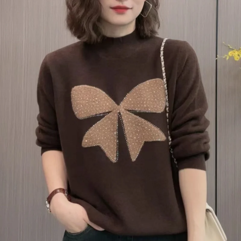 Women Autumn and Winter New Half High Neck Pullover Bottom Fashion Bow Tie Hot Diamond Sweater Casual Versatile Long Sleeve Tops