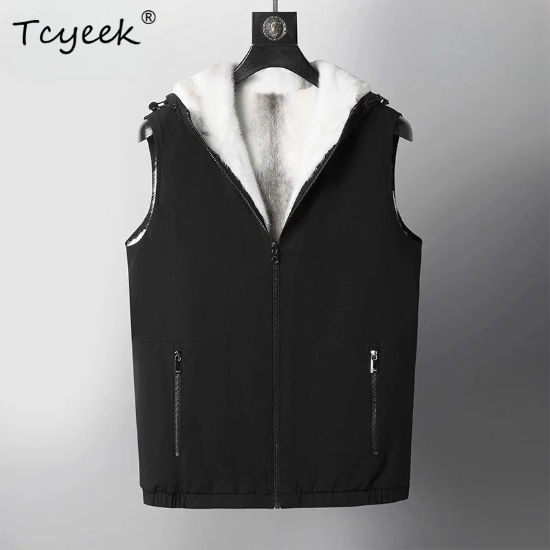 Tcyeek Natural Cross Mink Fur Vest Men Winter Jacket Sleeveless Hoodie Real Fur Coat Man Clothes Reversible Мех Натуральный Шубы