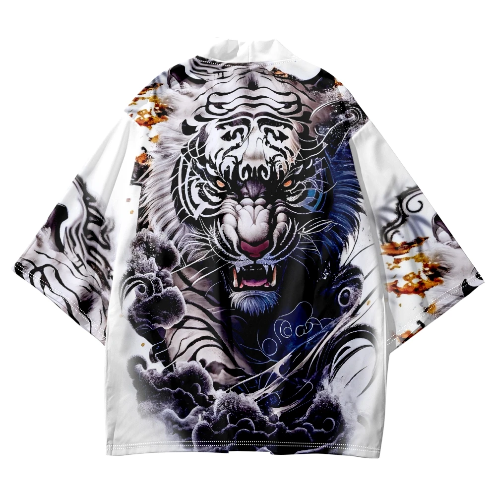 أنيمي الأبيض النمر طباعة ثوب الكيمونو الياباني الشارع الشهير الرجال النساء سترة Haori التقليدية شاطئ يوكاتا الملابس المتضخم