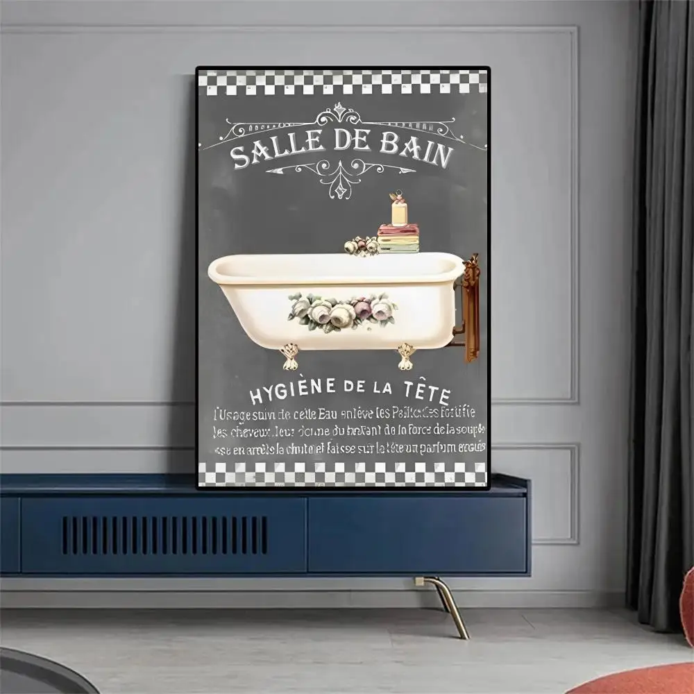 1pc  Retro French Bathroom Bathtub Poster Paper Print Home Bedroom Entrance Bar Cafe Art Painting Decoration